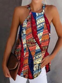 Women's Tank Top Red Blue Purple Graphic Print Sleeveless Casual Basic Halter Neck Regular Fit