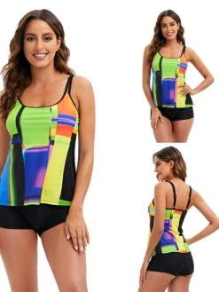Women's Swimwear Tankini 2 Piece Normal Swimsuit Mixed Color Printing Adjustable String Color Block Multi Color Light Green Padded Strap Bathing Suits Sports Vacation Geometric