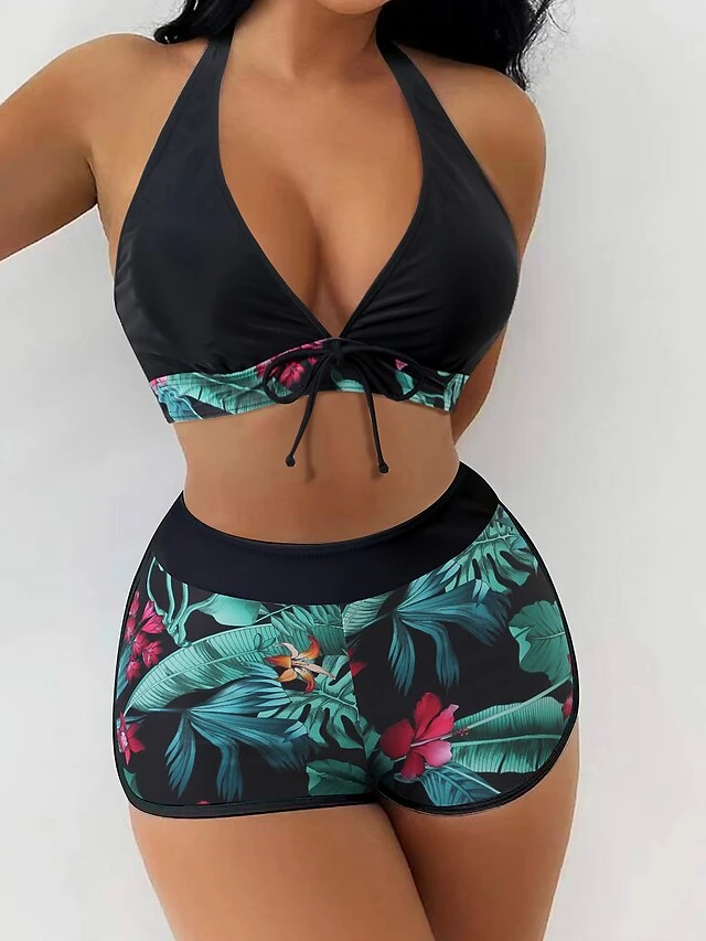 Sexy Women's Halter Bikinis Set High Waist Shorts Swimsuit Padded Deep V-Neck Bikini Push-up Swimwear Ladies Printing Beach Wear 2 Sexy Women's Halter Bikinis Set High Waist Shorts Swimsuit Padded Deep V-Neck Bikini Push-up Swimwear Ladies Printing Beach Wear - Image 2