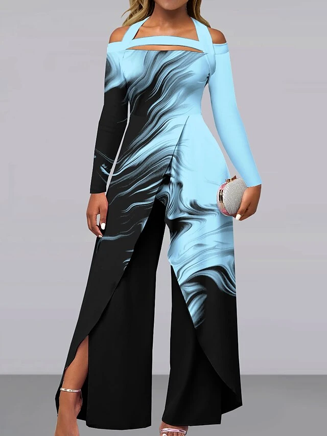 Women's Jumpsuit Print Gradient Off Shoulder Elegant Wedding Party Wide Leg Regular Fit Long Sleeve White Pink Light Blue S M L All Seasons 2 Women's Jumpsuit Print Gradient Off Shoulder Elegant Wedding Party Wide Leg Regular Fit Long Sleeve White Pink Light Blue S M L All Seasons - Image 2