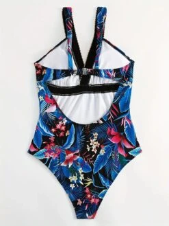 Tropical Floral Printing Women's Swimwear Plunge V-Neck One Piece Swimsuit Padded Sexy Bodysuit Bathing Suits Vintage Beachwear High Cut -Outlet Suit Skirt Fit Store wqmopn1690276269311