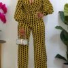 Women's Jumpsuit High Waist Print Print V Neck Streetwear Office Work Regular Fit Long Sleeve Yellow Red S M L Fall