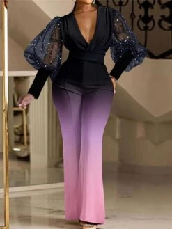 Women's Jumpsuit High Waist Print Gradient V Neck Elegant Wedding Party Regular Fit Long Sleeve Rainbow S M L Fall