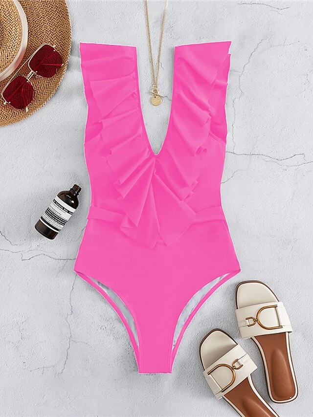 4 Colors Fashion Ruffle Swimwear For Women Sexy Deep V Plunge One Piece Swimsuit Solid Color Low Back Padded Bodysuit Bathing Suit Beachwear 8 4 Colors Fashion Ruffle Swimwear For Women Sexy Deep V Plunge One Piece Swimsuit Solid Color Low Back Padded Bodysuit Bathing Suit Beachwear - Image 8