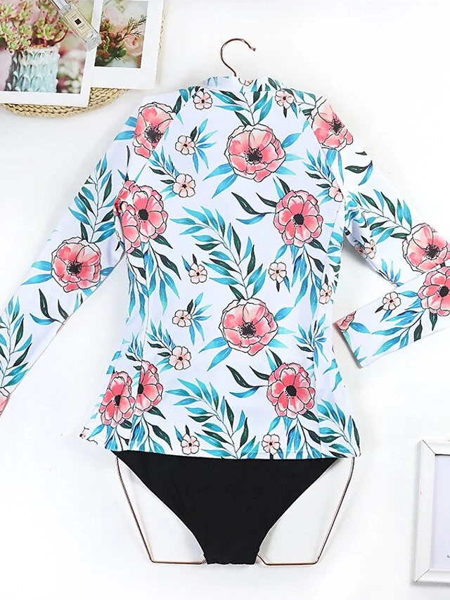 Women's Swimwear Rash Guard Diving Normal Swimsuit Half Zip Mixed Color Floral Print Plant Black White Pink Padded High Neck Bathing Suits New Vacation Holiday 11 Women's Swimwear Rash Guard Diving Normal Swimsuit Half Zip Mixed Color Floral Print Plant Black White Pink Padded High Neck Bathing Suits New Vacation Holiday - Image 11