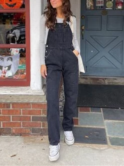 Women‘s Overall Button Pocket Solid Color SDenim Quare Neck Streetwear Daily Vacation Regular Fit Sleeveless Black M L XL Summer