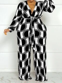 Women's Jumpsuit High Waist Print Geometric V Neck Casual Street Daily Regular Fit Long Sleeve Black Yellow Wine XL XXL 3XL Spring -Outlet Suit Skirt Fit Store xcecnl1675747239916