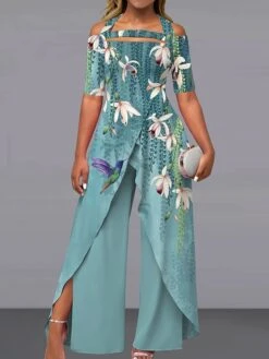 Women's Jumpsuit Print Floral Off Shoulder Elegant Wedding Party Wide Leg Regular Fit Short Sleeve Blue Green Rainbow S M L Summer