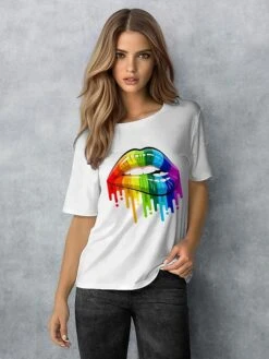 Women's T Shirt Tee Silver Black White Rainbow Food Print Short Sleeve Daily Weekend Basic Round Neck Regular 100% Cotton S