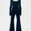 Women‘s Jumpsuit High Waist Velvet Disco Queen Wedding Solid Color U Neck Daily Regular Fit Long Sleeve Wine Navy Blue S M L Fall