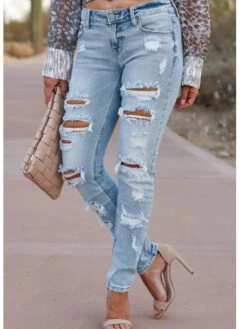 Women‘s Low Rise Jeans Pants Trousers Full Length Denim Pocket Ripped Stretchy Mid Rise Streetwear Casual Going Out Casual Daily Light Color S M