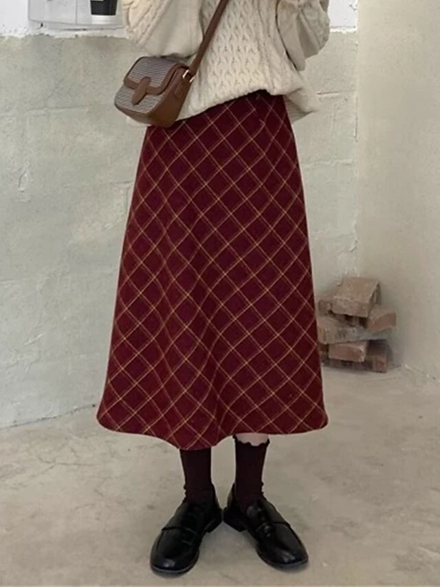 Women's Skirt Long Skirt Midi Cotton Wine Skirts Fall & Winter Plaid Print High Waist Fashion Elegant Christmas Street Xmas S M L 7 Women's Skirt Long Skirt Midi Cotton Wine Skirts Fall & Winter Plaid Print High Waist Fashion Elegant Christmas Street Xmas S M L - Image 7