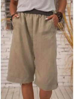 Women's Slacks Shorts Linen Green Blue Khaki Mid Waist Basic Streetwear Lightweight Daily Weekend Pocket Short Breathable Plain S M L XL XXL / Loose Fit