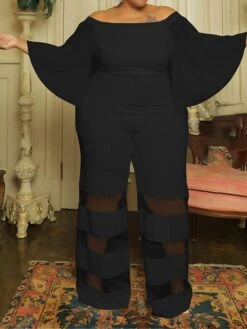 Women's Jumpsuit Mesh Patchwork Solid Color Off Shoulder Elegant Party Office Regular Fit 3/4 Length Sleeve Black Red Blue XL XXL 3XL Summer -Outlet Suit Skirt Fit Store xmoxpz1677496108025