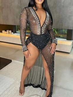 Women's Jumpsuit Mesh Solid Color Deep V Sexy Party Bar See Through Regular Fit Long Sleeve Red Beige Black S M L Winter Fall