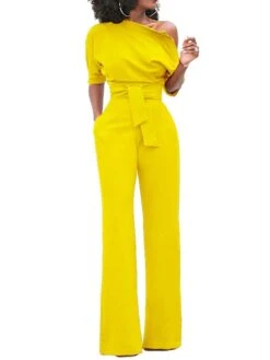Jumpsuits For Women Dressy Pocket High Waist Solid Color One Shoulder Elegant Xmas Party Christmas Street Regular Fit Half Sleeve Black Blue Yellow S M L Fall Winter Summer -Outlet Suit Skirt Fit Store xqevsg1666854272213