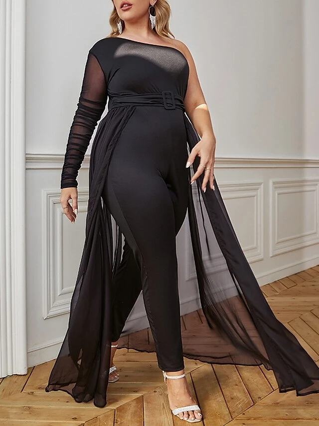 Women's Jumpsuit Overlay Lace Up Mesh Solid Color One Shoulder Streetwear Party Going Out Regular Fit Long Sleeve Black White Yellow S M L Spring 3 Women's Jumpsuit Overlay Lace Up Mesh Solid Color One Shoulder Streetwear Party Going Out Regular Fit Long Sleeve Black White Yellow S M L Spring - Image 3