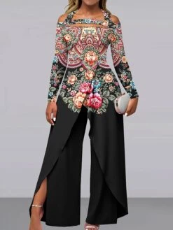 Women's Jumpsuit Print Floral Off Shoulder Active Wedding Party Wide Leg Regular Fit Long Sleeve Black Yellow Fuchsia S M L All Seasons