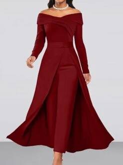 Women's Jumpsuit Solid Color Off Shoulder Formal Wedding Prom Straight Regular Fit Long Sleeve Wine Royal Blue S M L Fall