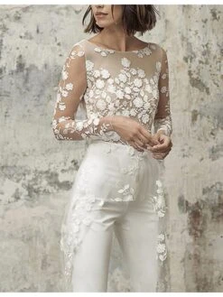 White Jumpsuit For Women Backless Overlay Lace Solid Color Crew Neck Elegant Party Wedding Regular Fit Long Sleeve S M L Spring -Outlet Suit Skirt Fit Store xyrusd1645093006228