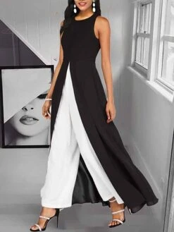 Jumpsuits For Women Dressy Overlay Split Print Solid Color Crew Neck Streetwear Office Work Regular Fit Sleeveless Black White Wine S M L Summer Fall