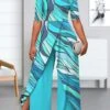 Women's Jumpsuit Split Print Abstract Cold Shoulder Holiday Wedding Holiday Wide Leg Regular Fit Short Sleeve T-shirt Sleeve Blue S M L Summer