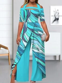 Women's Jumpsuit Split Print Abstract Cold Shoulder Holiday Wedding Holiday Wide Leg Regular Fit Short Sleeve T-shirt Sleeve Blue S M L Summer
