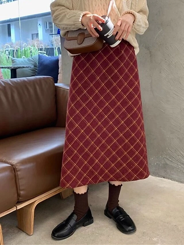 Women's Skirt Long Skirt Midi Cotton Wine Skirts Fall & Winter Plaid Print High Waist Fashion Elegant Christmas Street Xmas S M L 12 Women's Skirt Long Skirt Midi Cotton Wine Skirts Fall & Winter Plaid Print High Waist Fashion Elegant Christmas Street Xmas S M L - Image 12