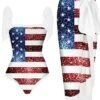 Women's Swimwear One Piece Beach Bottom Normal Swimsuit 2 Piece Printing Tie Dye American Flag White Red Navy Blue Bodysuit Bathing Suits Sports Beach Wear Summer