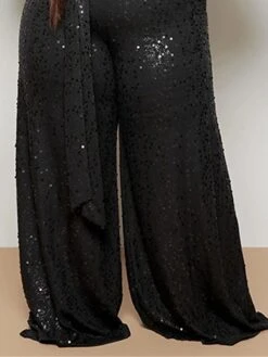Women‘s Plus Size Jumpsuit Sparkly Curve Lace Up Sequin Solid Color V Neck Xmas Holiday Party Christmas Street Loose Fit Long Sleeve Black L XL XXL Fall -Outlet Suit Skirt Fit Store yeiqli1694510075393
