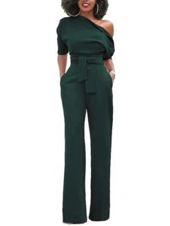 Women's Jumpsuit For Special Occasions Christmas Pocket High Waist Solid Color Cold Shoulder Business Office Work Party Xmas Regular Fit Half Sleeve Black White Yellow S M L Summer -Outlet Suit Skirt Fit Store yhvxdi1681106803027