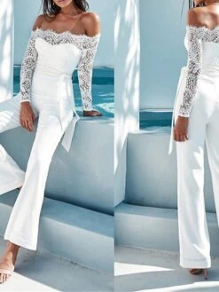 Women's Jumpsuit Lace High Waist Solid Color Off Shoulder Elegant Wedding Party Regular Fit Long Sleeve Black White Blue S M L Fall