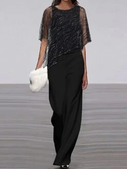 Women's Jumpsuit Mesh Sequin Solid Color Crew Neck Elegant Party Homecoming Straight Regular Fit Half Sleeve Black S M L Spring