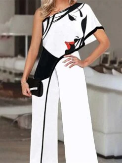 White Jumpsuit For Women Elegant OL Style Printed Evening Party One Shoulder High Waist Blue Black Wide Leg Pants