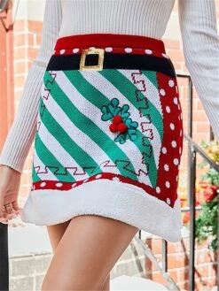 Women's Skirt A Line Mini Acrylic Red Skirts Fall & Winter Patchwork Knitting Belt Included High Waist Fashion Casual Christmas Xmas Street M L XL -Outlet Suit Skirt Fit Store ykcjei1694270330471