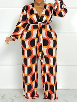 Women's Jumpsuit High Waist Print Geometric V Neck Casual Street Daily Regular Fit Long Sleeve Black Yellow Wine XL XXL 3XL Spring -Outlet Suit Skirt Fit Store yuopyl1675747242724