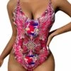 Sexy Backless Tropical Swimwear Women Deep V Plunge Printing One Piece Swimsuits Padded Strap Bodysuit High Cut Monokini Bathing Suits Vacation