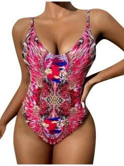 Sexy Backless Tropical Swimwear Women Deep V Plunge Printing One Piece Swimsuits Padded Strap Bodysuit High Cut Monokini Bathing Suits Vacation