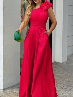 Women's Jumpsuit Ruffle Pocket Solid Color One Shoulder Streetwear Xmas Wedding Party Christmas Regular Fit Sleeveless Red S M L Summer