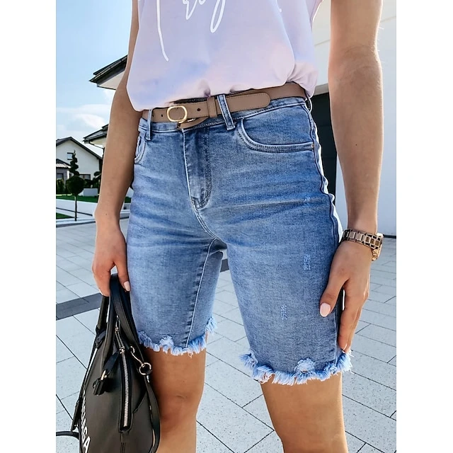 Women's Jeans Distressed Jeans Denim Blue Mid Waist Fashion Casual Weekend Tassel Fringe Side Pockets Micro-elastic Knee Length Comfort Plain S M L XL XXL 1 Women's Jeans Distressed Jeans Denim Blue Mid Waist Fashion Casual Weekend Tassel Fringe Side Pockets Micro-elastic Knee Length Comfort Plain S M L XL XXL