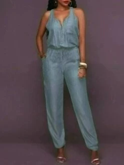 Women's Jumpsuit Pocket Solid Color V Neck Business Office Work Regular Fit Sleeveless Black Navy Blue Blue XS S M Summer -Outlet Suit Skirt Fit Store zbheui1683534837290