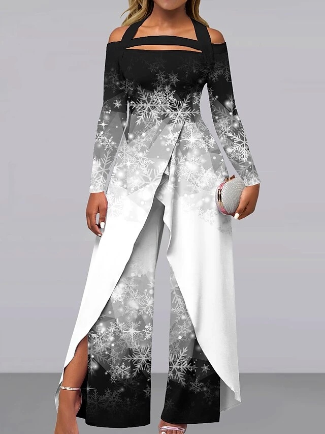 Women's Jumpsuit Print Gradient Off Shoulder Holiday Wedding Party Wide Leg Regular Fit Long Sleeve Black Gold Light Blue S M L All Seasons 3 Women's Jumpsuit Print Gradient Off Shoulder Holiday Wedding Party Wide Leg Regular Fit Long Sleeve Black Gold Light Blue S M L All Seasons - Image 3