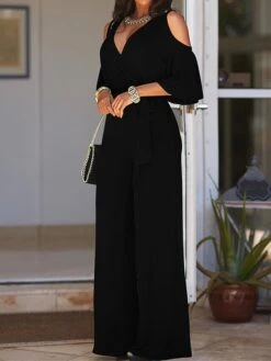 Women's Jumpsuit Ruffle High Waist Solid Color V Neck Business Office Work Wide Leg Slim 3/4 Length Sleeve Black White Yellow S M L Fall -Outlet Suit Skirt Fit Store zfdhcx1696909006544