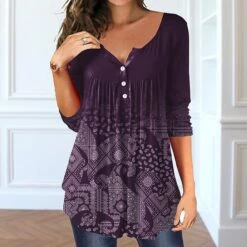 Women's T Shirt Tee Tunic Black Light Green Blue Paisley Vintage Ethnic Button Flowing Tunic Print Long Sleeve Casual Weekend Tunic Basic V Neck Regular Fit Painting Fall & Winter