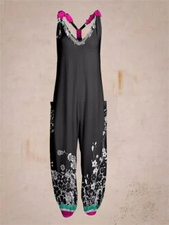 Women's Jumpsuit Pocket Print Floral V Neck Streetwear Daily Vacation Regular Fit Sleeveless Black Yellow Royal Blue S M L Summer