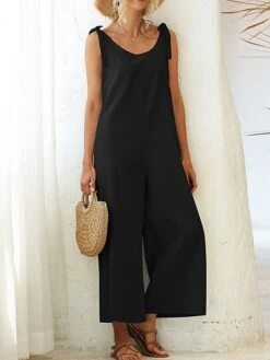 Women's Jumpsuit Backless Solid Color V Neck Streetwear Street Daily Regular Fit Sleeveless Black White Light Green S M L Summer