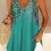 Women's Camis Green Floral Print Sleeveless Casual Vintage V Neck Regular Fit Floral Sleeveless