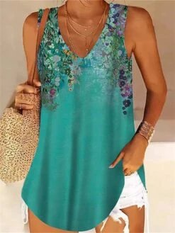 Women's Camis Green Floral Print Sleeveless Casual Vintage V Neck Regular Fit Floral Sleeveless