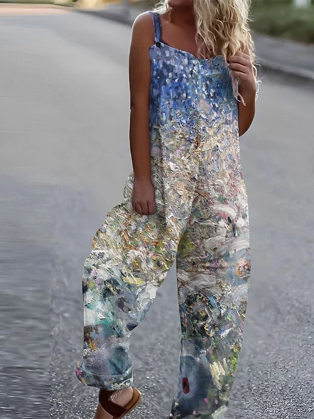 Jumpsuits For Women Summer Overall Print Floral Square Neck Streetwear Daily Vacation Loose Fit Sleeveless White Royal Blue Blue S M L 4 Jumpsuits For Women Summer Overall Print Floral Square Neck Streetwear Daily Vacation Loose Fit Sleeveless White Royal Blue Blue S M L - Image 4