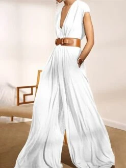 Women‘s Jumpsuit For Special Occasions Christmas Clean Fit Pocket Solid Color Deep V Wedding Holiday Xmas Street Daily Regular Fit Short Sleeve Black White Brown S M L Summer Without Belt -Outlet Suit Skirt Fit Store zmykri1680073340841